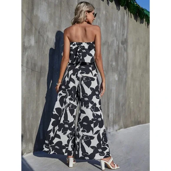 2 piece set: boho Floral Print Tube Top & slit wide leg Pants Set - Picture 3 of 5